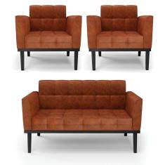 Sofá Namoradeira e Poltrona Base de Madeira Preto Elisa Corano D03 - D`Rossi