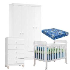 Quarto De Bebê 4 Portas Com Gaveteiro Ternura Baby E Berço Lila Branco Brilho Com Colchão - Incorplac