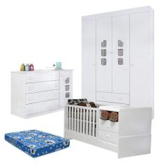 Quarto De Bebê Lívia Com Berço Multifuncional Selena Branco Brilho Com Colchão Ortobom Phisical - Phoenix
