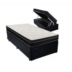 Cama Box Baú Solteiro 88 Tecido Sintético Preto com Colchão Paris de Molas Ensacadas Preto 26x888x188
