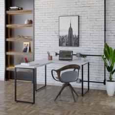 Mesa De Escritório Em L Estilo Industrial 120x150cm Kuadra Branco Chess - Est.preta