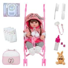 Boneca Tipo Reborn Coelhinha Pode Dar Banho + Carrinho Rosa - Cegonha 
