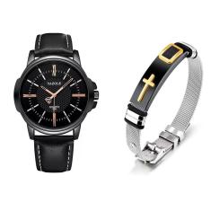 Kit Relógio Masculino Yazole 358 Couro Total Black +Pulseira