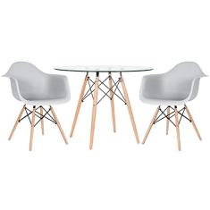 Loft7, Mesa redonda Eames com tampo de vidro 100 cm + 2 cadeiras Eiffel Daw cinza claro