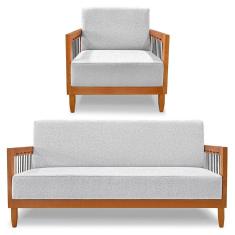 Kit Poltrona e Sofá Living 2 Lugares Marilia 1,60m Linho Cinza Base em Madeira Castanho - Pallazio