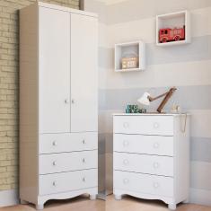 Quarto de Bebê Completo Cômoda Júnior Simples 4 Gavetas Guarda Roupa Júnior 2 Portas 3 Gavetas Branco Carvalho 100% MDF Móveis Peroba