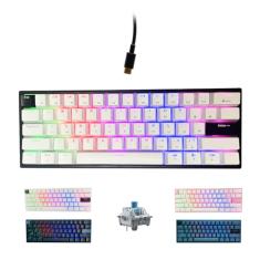 ONE-UP Teclado portátil 60% mecânico para jogos, retroiluminado, compacto, 61 teclas, mini teclado de escritório com fio com interruptor azul PBT para Windows, laptop, PC, Mac. (branco/preto)