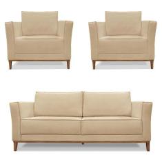 Kit 2 Poltronas e Sofá Living 2 Lugares 1,70m Vega Linho Pés Castanho 