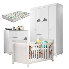 Quarto de Bebê Ane com Berço Americano Lara Branco Brilho com Colchão 