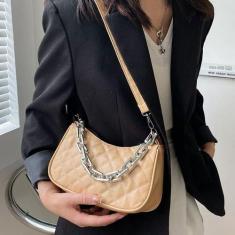 Bolsa Feminina Ombro Corrente Prata  Treliça) Passeio - Unistar, Caqui