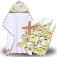 Toalha de Banho Bebe Dupla Camada com Capuz e Forro Fralda + 11 Pano d