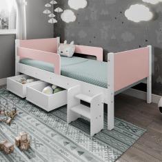 Cama Infantil Com 2 Baus Organizador E Escada Luna Plus Branco Com Rosa