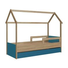 Cama Infantil Montessoriana Casinha com Auxiliar Completa Móveis Marrom e Azul