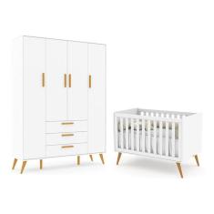 Jogo de Quarto Infantil Retrô com Guarda Roupa 4 Portas e Berço - Matic Móveis