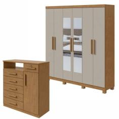 Conjunto de Guarda-Roupa 6 Portas com Espelho e Pés Jazz e Cômoda Da Vinci Amêndoa Clean/Off White