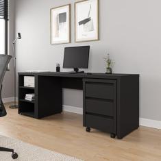 Mesa de Escritório 150cm com Gaveteiro com Rodízio e Prateleiras Ficus Cabecasa Madeiramadeira Preto