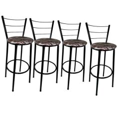 Kit 4 Banquetas Altas Preta com Encosto Assento Floral Marrom