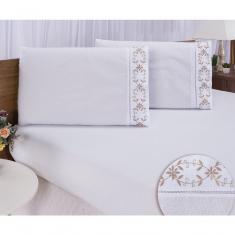 Jogo Lençol Queen Casal Bordado 3 Peças Branco Caqui Veneza