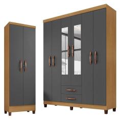 Guarda Roupa Casal Modena Com Espelho 6 Portas E Armário Multiuso Egito Carvalho Americano Grafite - Incorplac