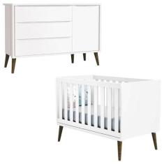 Berço Americano E Cômoda Com Porta Infantil Theo Branco Acetinado Com 