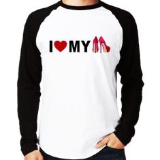 Camiseta Raglan I Love My Shoes Manga Longa - Foca na Moda, Branco, Pr