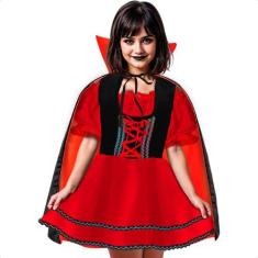 Fantasia Halloween Infantil Menina Vampira Gótica Com Capa Luxuosa - F