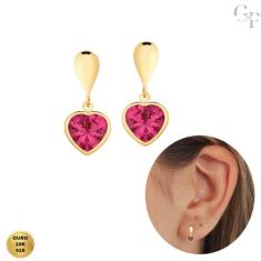Brinco de Ouro 10K com Pingente de Coração Pedra Vermelha 6mm Infantil