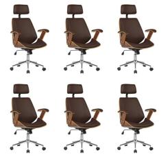 Kit 6 Cadeiras de Escritório Presidente Giratória com Apoia Cabeça Office Lisboa Marrom