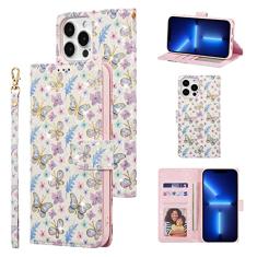 UEEBAI Capa carteira para iPhone 13 Pro Max de 6,7 polegadas, capa de telefone de couro PU com suporte e bloqueio de RFID, capa flip com compartimentos para cartões, alça de pulso, padrão gravado,