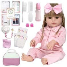 Boneca Bebê Reborn Loira Fofa 100% Silicone Bolsa Acessórios - Cegonha