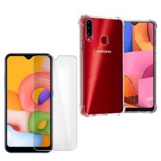 Kit Capinha Celular Antichoque Compatível Samsung Galaxy A20s + 2 Película Vidro (Não Cobre Bordas Curvas do Aparelho)