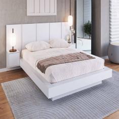 Cama Casal Queen Suspensa, Cabeceira e Mesas de Apoio 140/160 Zurique Branco