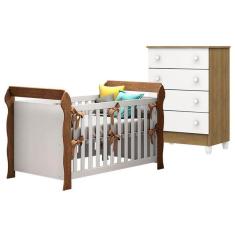 Berço Americano Lara Com Cômoda Gaveteiro Mel Flat Branco Acetinado Amadeirado – Carolina