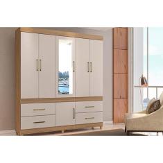 Guarda Roupa Casal Guarujá 6 Portas de Abrir 4 Gavetas MDP com Espelho Amêndola-Off White Demóbile