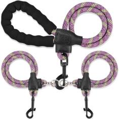 Coleira dupla para dois cães - Rotação removível de 360°, coleira sem emaranhamento com tiras refletivas para caminhadas e treinamento de cães pequenos, médios e grandes, S/8-45ibs, roxa