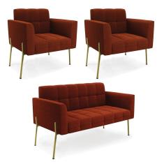 Namoradeira e 2 Poltronas Pé de Ferro Dourado Elisa Bouclê Terra D03 - D`Rossi