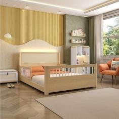 Cama Casal Wave Juvenil Reversível Led com Rattan, Grade de Proteção e Peseira Palitos Casatema Branco/Natural