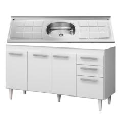 Balcão Gabinete Lis com Pia Inox 150cm 4 Portas Branco - Mpozenato