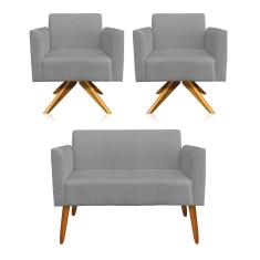 Kit 1 Namoradeira e 2 Poltronas Marisa Suede Grafite Madeira