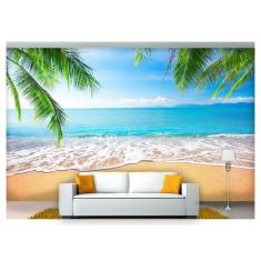Papel De Parede Praia Mar Coqueiros Céu 3D Npr217 - Você Decora