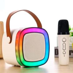 Caixa de Som Karaokê Portátil Bluetooth Microfone Sem Fio Com Luz LED 