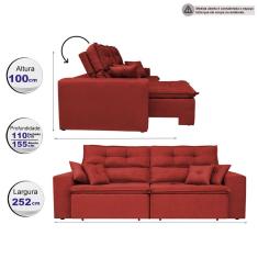 Sofá Cairo. 2,52m Retrátil, Reclinável Tecido Suede Café