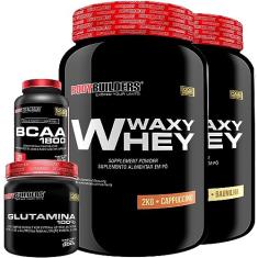KIT 2x Whey Protein Waxy Whey 2kg + Glutamina 300g + BCAA 1800 120 Cápsulas - Bodybuilders (Baunilha e Cappuccino)