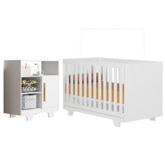 Quarto de Bebê com Berço Mini Cama 100% Mdf Life e Cômoda 100% Mdf 1 Porta 3 Prateleiras Flocos Branco