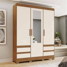 Guarda-Roupa Solteiro Lema 3 Portas 4 Gavetas com Espelho Nature/Off White - Henn