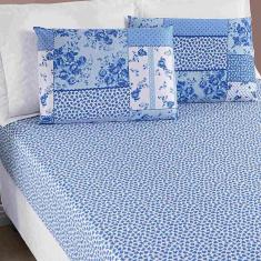 Jogo de Lençol Ayla Casal King 3 Peças Microfibra Estampada Floral - Azul Sereno