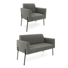 Sofá Namoradeira E Poltrona Pé De Ferro Preto Marisa Suede Grafite D03