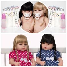 Boneca Reborn Gêmeas Baby Alive Vestido Bolinha Vários Itens - Cegonha