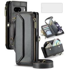 Asuwish Capa de celular para Google Pixel 8 5G com zíper com protetor de tela de vidro temperado e flip de couro com bloqueio de RFID, suporte para cartão de crédito e dinheiro, celular Pixel8 Pixle,
