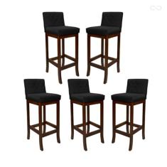 Kit 5 Banquetas Alta com Encosto Matelassê Tóquio Madeira Maciça Maciça Suede Preto CCS